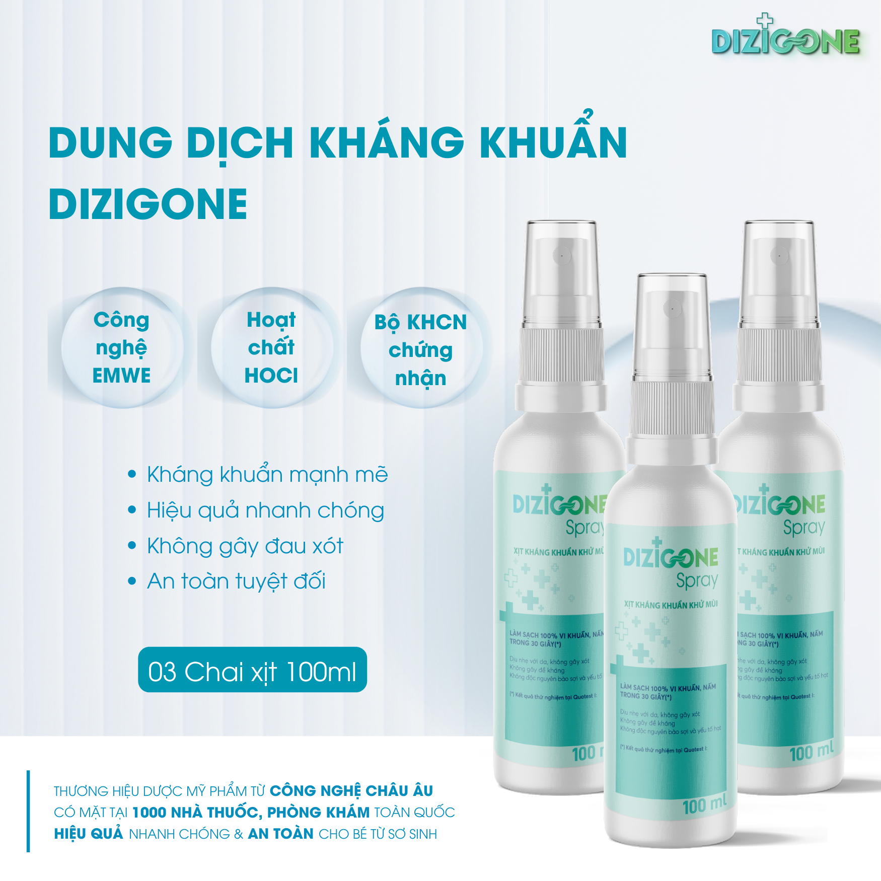 [Bộ 3] Xịt kháng khuẩn DIZIGONE chăm sóc tổn thương lành nhanh, không đau xót, tái tạo da, ngăn ngừa sẹo - 3 chai 100ml