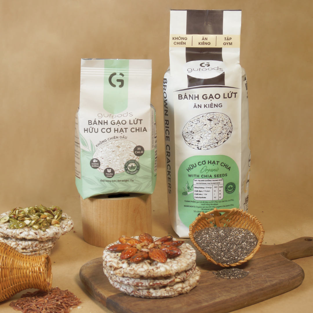 Bánh gạo lứt ăn kiêng hữu cơ hạt chia GUfoods - Hạt chia organic, Không đường, Thuần chay