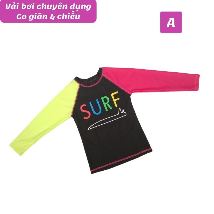 Đồ bơi bé gái tay dài chữ surf 23-40kg - tay dài cho bé bơi lâu mà không sợ lạnh-Kiến Lửa