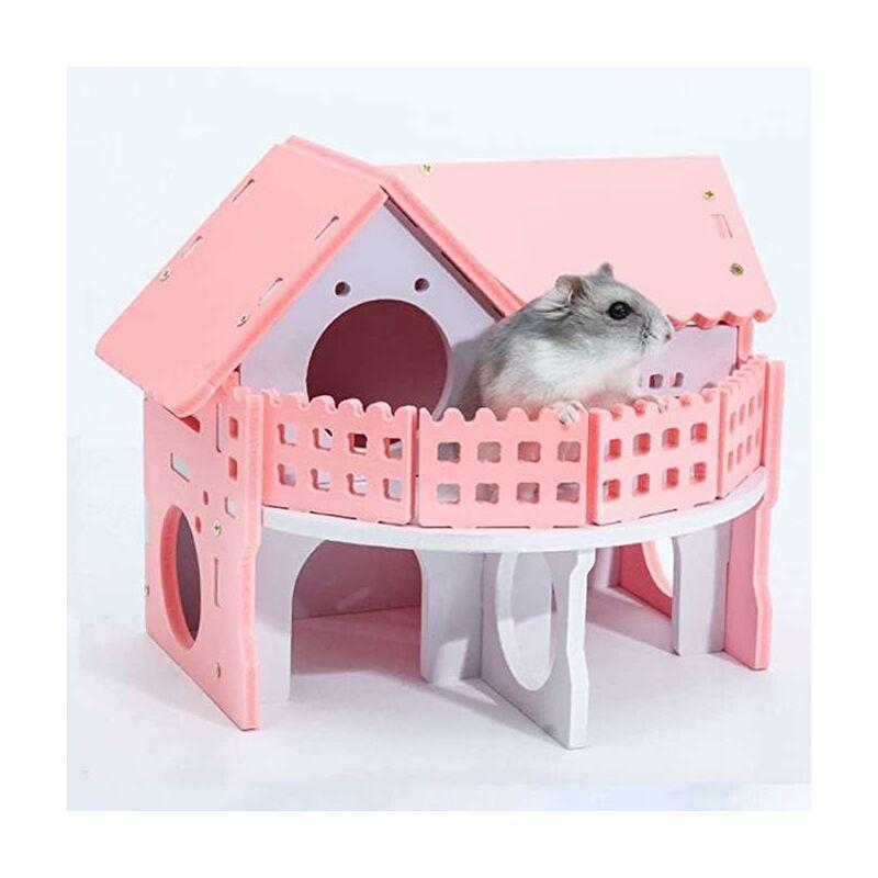 Ngôi nhà bằng gỗ cho chuột đồng, nhà thú cưng nhỏ màu hồng Nhà hai lớp Balcony Đồ chơi cho chuột đồng 17 x 15 x 15 cm