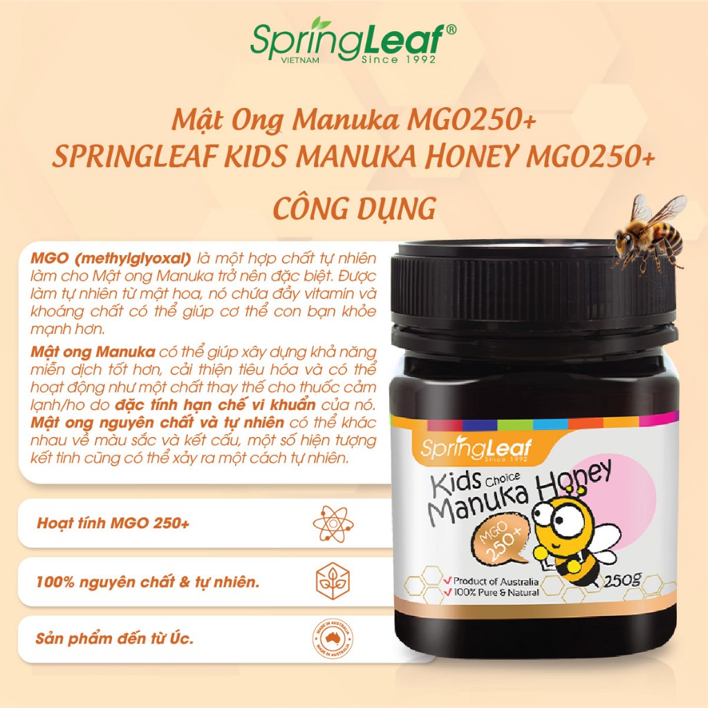 MẬT ONG MANUKA CHO BÉ TỪ 1 TUỔI SPRINGLEAF MANUKA MGO 250+ 250gr