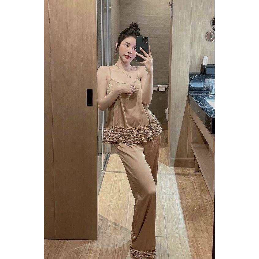 Đồ ngủ 2 dây quần dài bèo gợi cảm, đồ bộ satin mặc cực mát