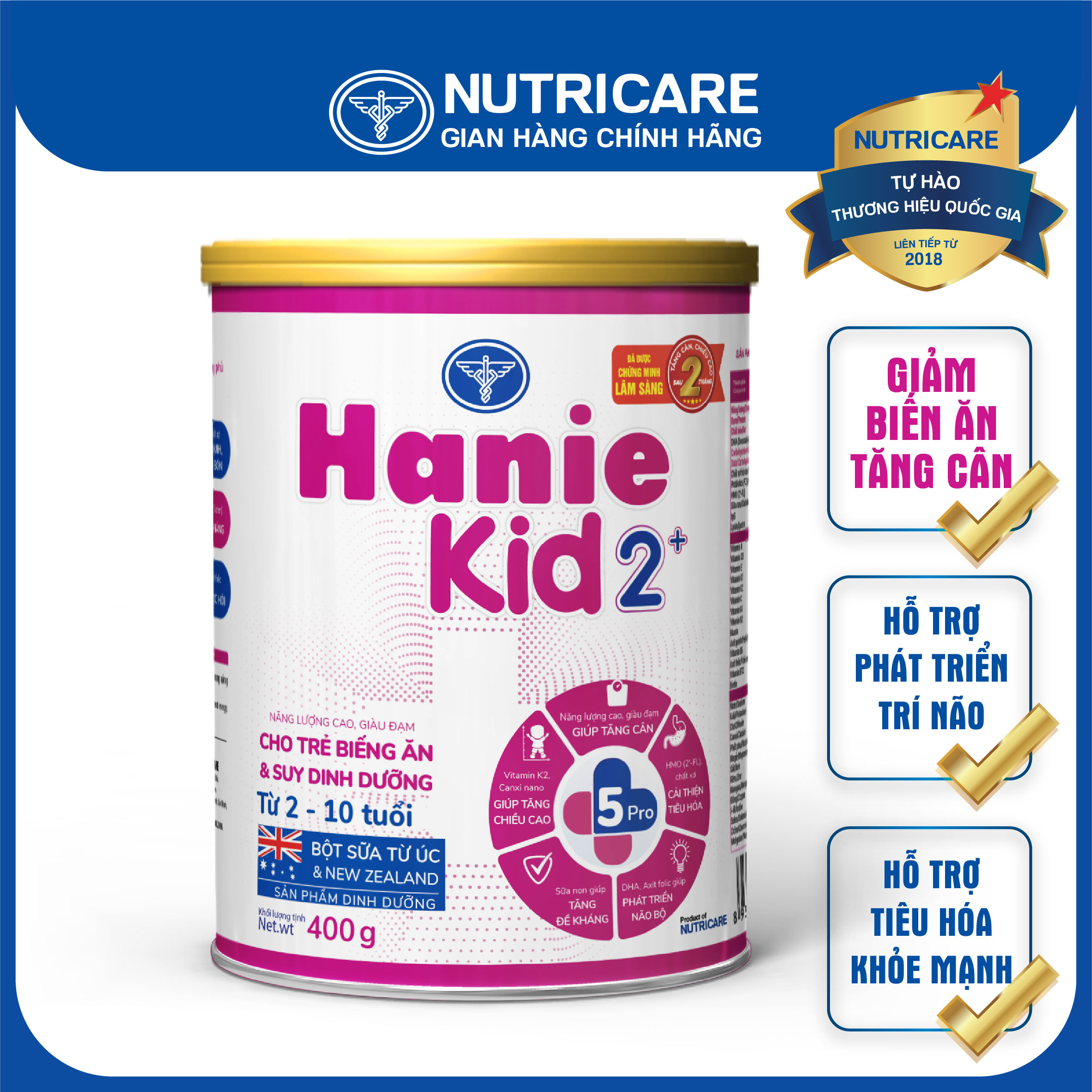 Sữa bột Nutricare Hanie Kid 2+ cho trẻ biếng ăn suy dinh dưỡng 400g