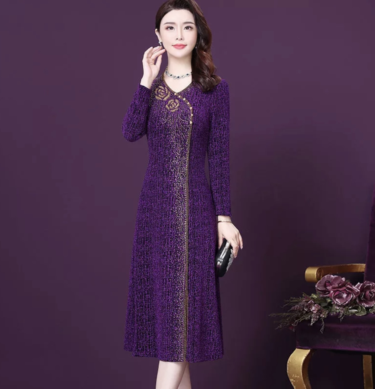 Đầm đi tiệc trung niên, chât liệu thun cao cấp, hoạ tiết đính hạt sang trọng. Hàng nhập quảng châu xịn.
