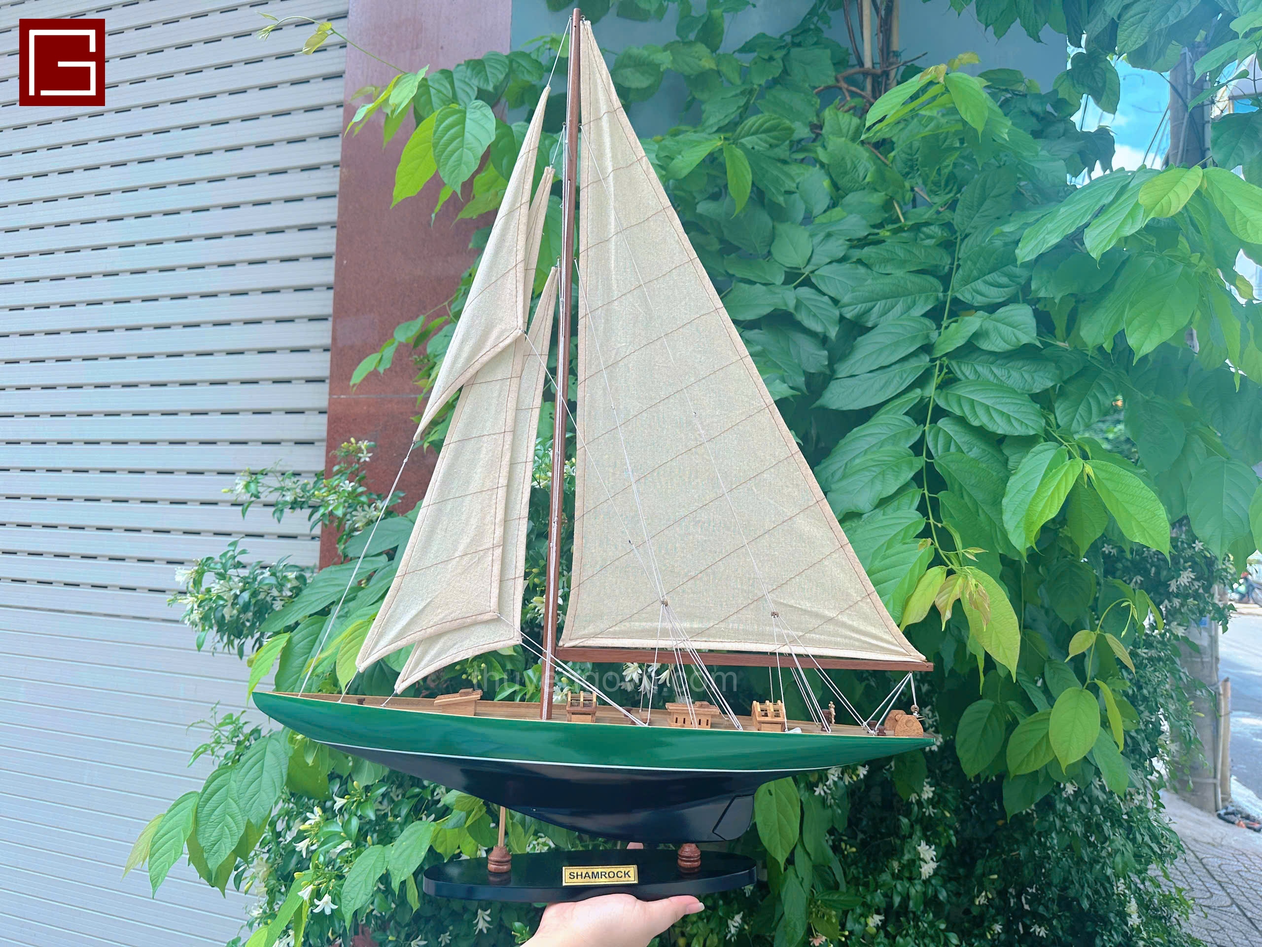 Mô hình thuyền gỗ phong thủy, thuyền buồm trang trí SHAMROCK PAINTED, thuyền gỗ trang trí hàng chính hãng