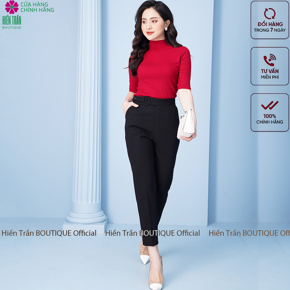 Quần baggy nữ Hiền Trần BOUTIQUE cạp cao form dáng đẹp đồ công sở đai vải vuông cúc lệch