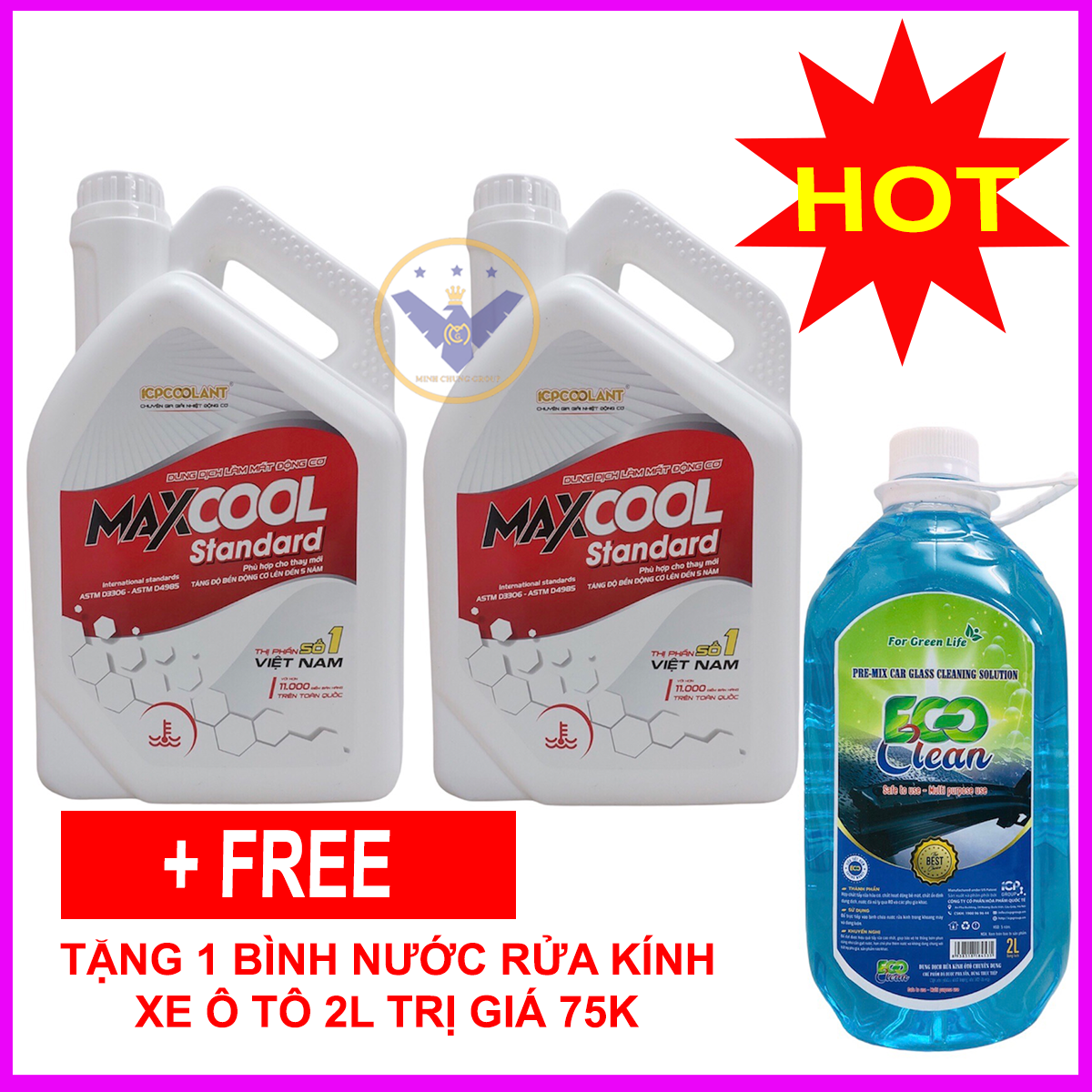 COMBO 2 can nước làm mát động cơ xe ô tô màu đỏ Maxcool 4L tặng nước rửa kính 2L