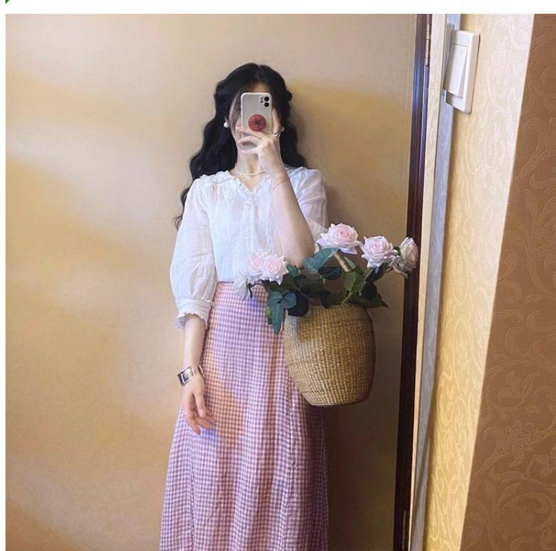 DIYIWEI Váy đỏ giảm tuổi, hoạt bát, dịu dàng, váy ngọt ngào, váy kẻ caro, váy nửa người.
