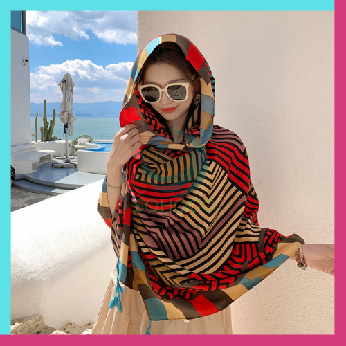 - Khăn choàng boho đi biển thổ cẩm nữ 180x90cm -Khăn quàng cổ du lịch mùa hè che nắng, khăn cotton khổ lớn