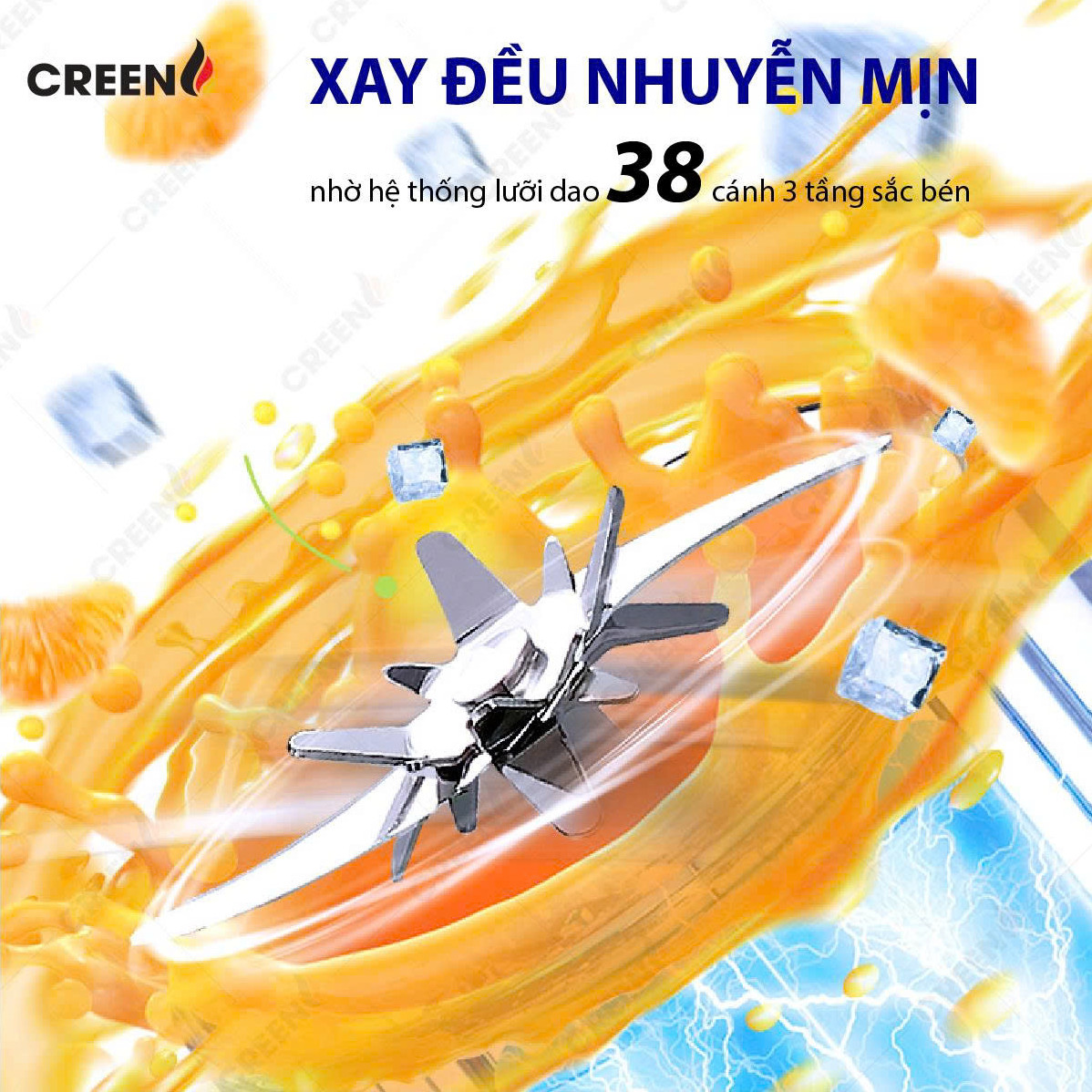 Máy Xay Sinh Tố Cầm Tay CREEN CR-BL800, Dung tích 800ml 80W, Pin Lithium 3000mAh, Lưỡi Kép 38 Cánh - Hàng Chính Hãng