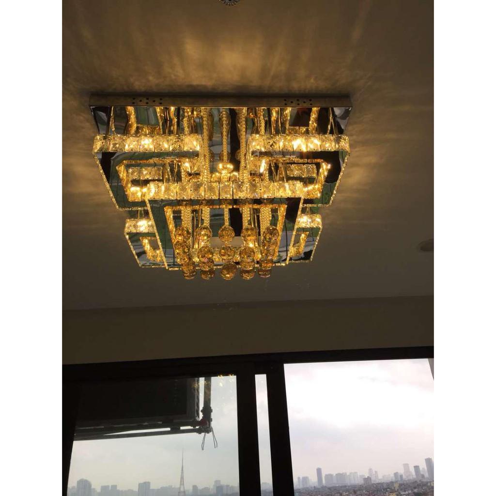 Đèn mâm pha lê vuông 411B , đèn trang trí phòng khách, ánh sáng 3 chế độ, phi 600mm Đèn có điều khiển từ xa