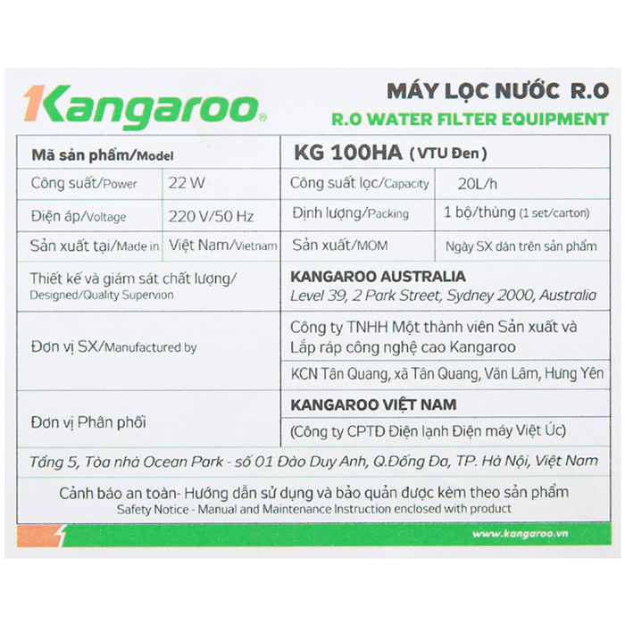 Máy Lọc Nước RO 9 Lõi Hydrogen Kangaroo KG100HAVTU - Hàng chính hãng
