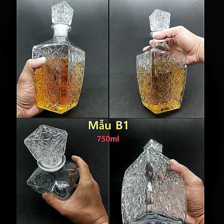 Combo 2 chai Thủy Tinh đựng Rượu Pha Lê VÁT VUÔNG Họa Tiết Nổi 750ML - Bình thủy tinh 750ml pha lê trong suốt