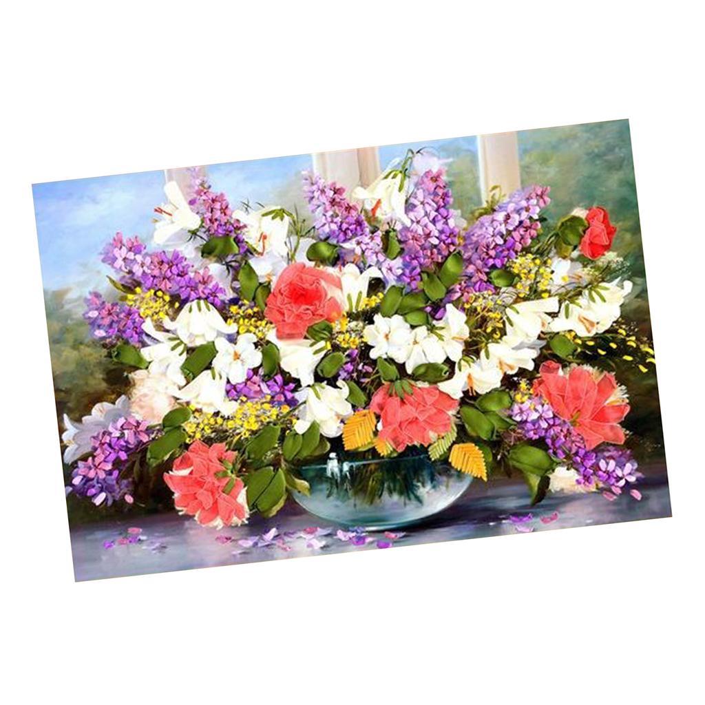 Ribbon Embroidery Kit Cross Stitch Painting Colorful Flower DIY Needlework