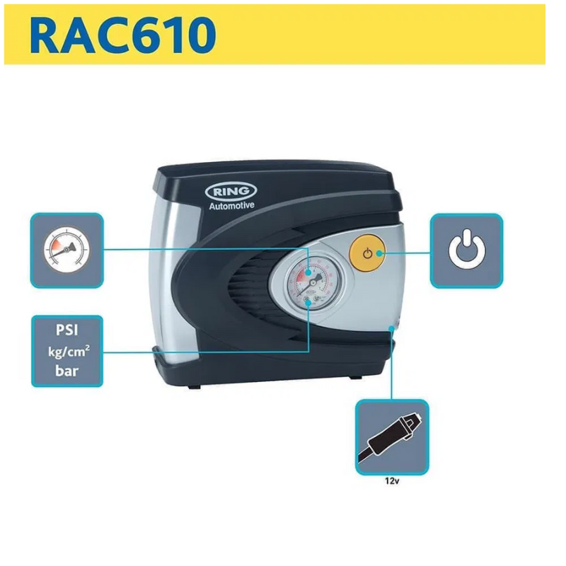 Bơm Ô Tô Mini Tự Động Ring Analogue Compressor RAC610, Bơm Lốp Xe Ô Tô Cầm Tay, Nhập Đức, BH 12 Tháng
