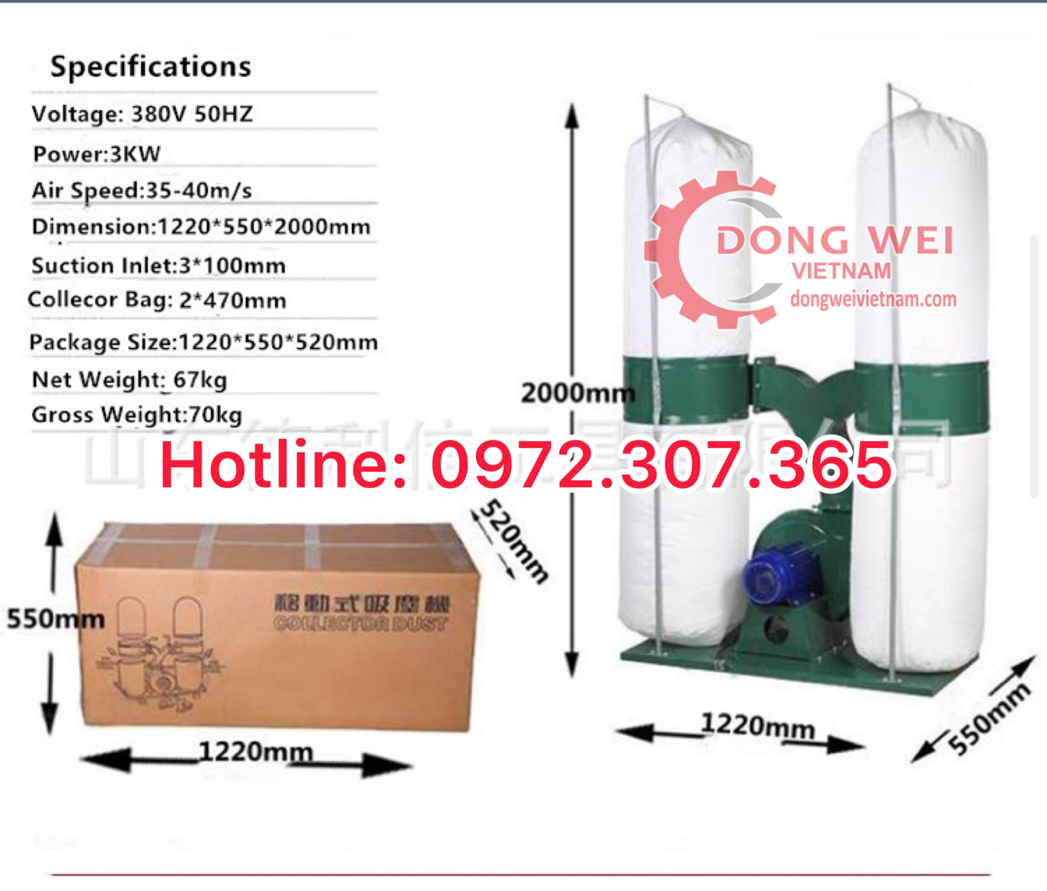 Máy hút bụi công nghiệp 2 túi vải, công suất 5,5kw/ 380v
