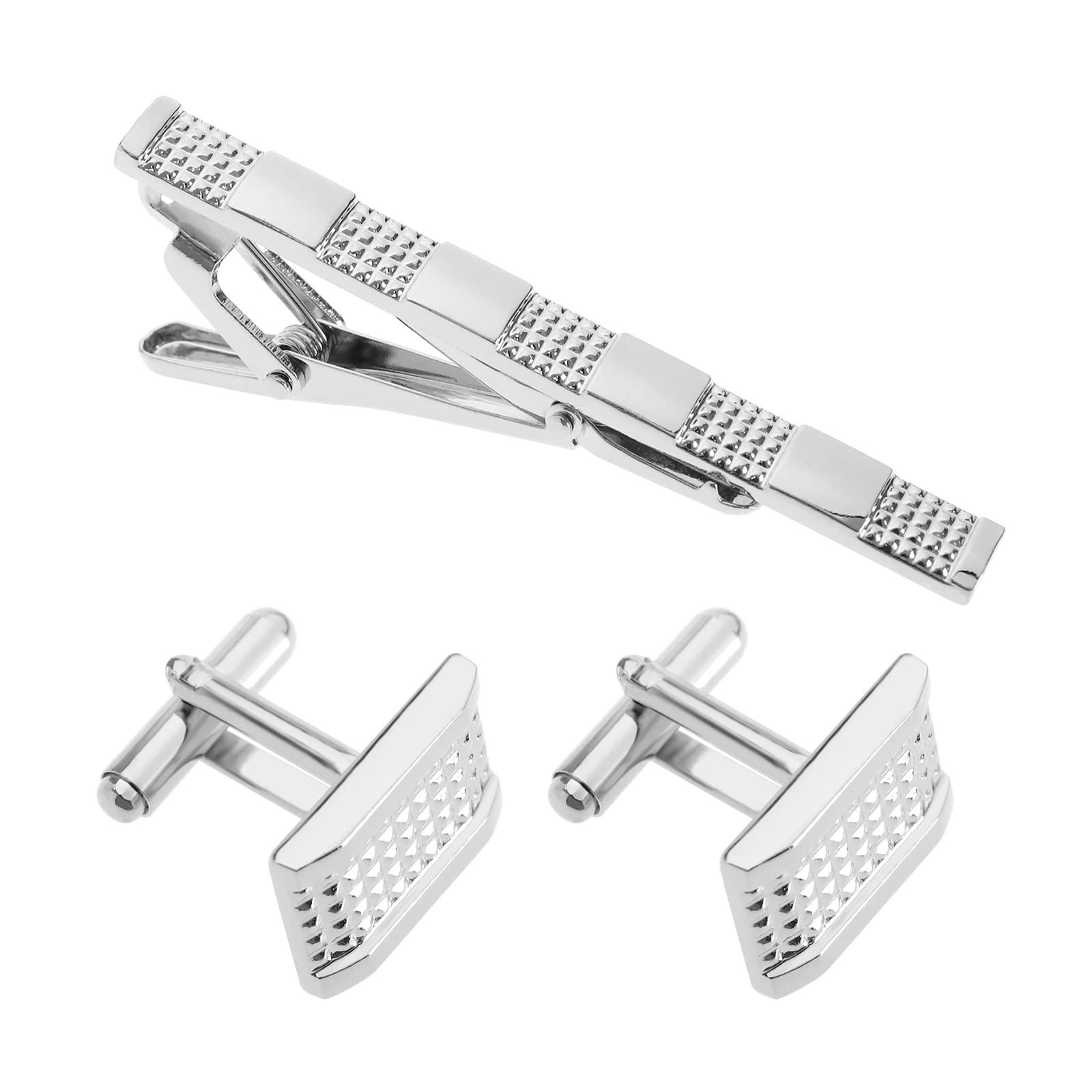 Tập hợp 3 kìm cà vạt và những chiếc cufflinks cho nam giới - cho tiệc cưới, cuộc họp kinh doanh, Ngày của Cha, Ngày Valentine - Bạc, Bạc.