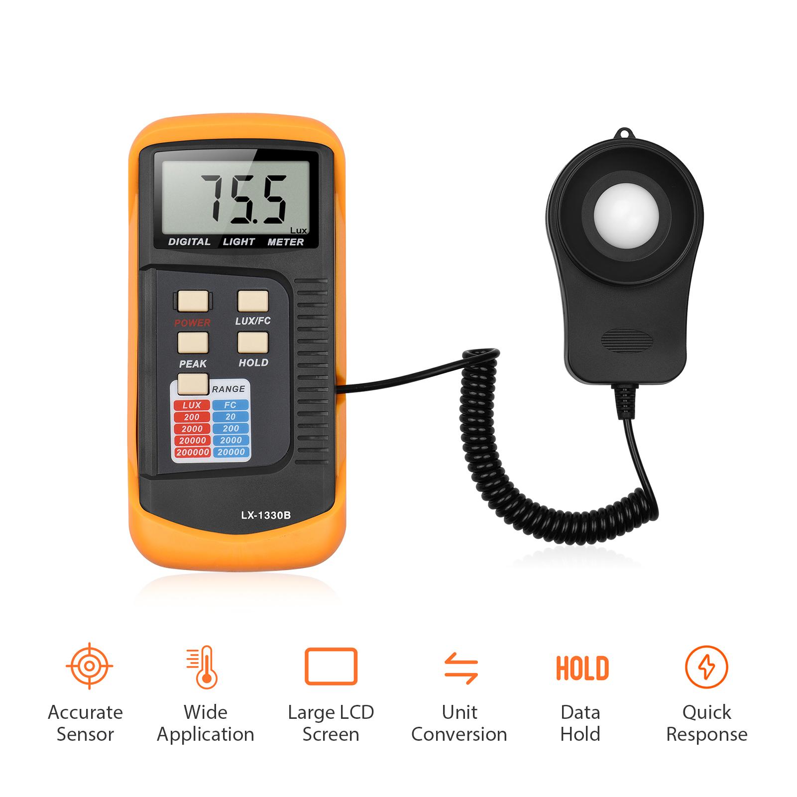 Digital Illuminance Light Meter Manual Range 200 to 200,000 Lux LCD Photometer Portable Handheld Luxmeter with Peak Measurement Light Intensity Tester for Industrial Lab Plants