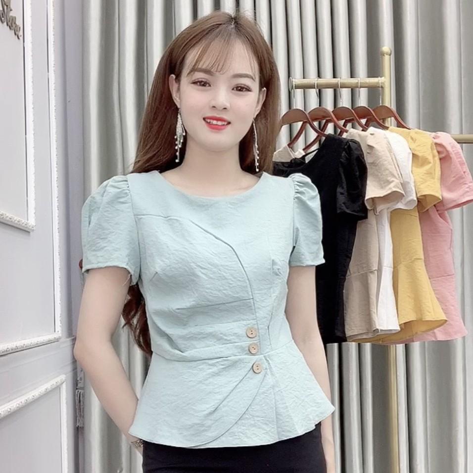 Áo Sơ Mi Nữ Kiểu Chất Đũi Công Sở Ngắn Tay Cổ Tròn - 6 Màu Trắng Vàng Đen Xanh Hồng Be - Hanlly Fashion Thời Trang - A13