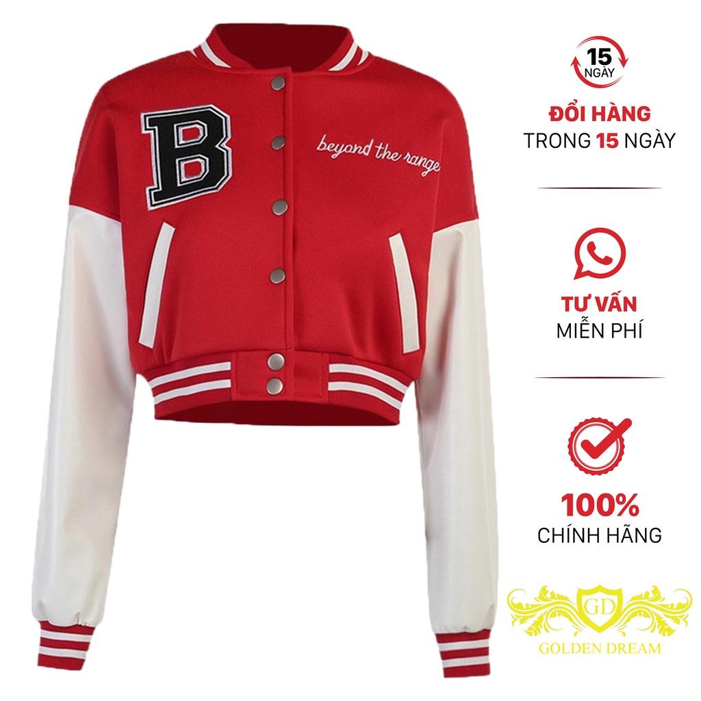 Áo khoác bomber croptop Chữ B nữ dáng lửng Phối tay trắng rộng Kiểu hàn quốc GOLDEN DREAM