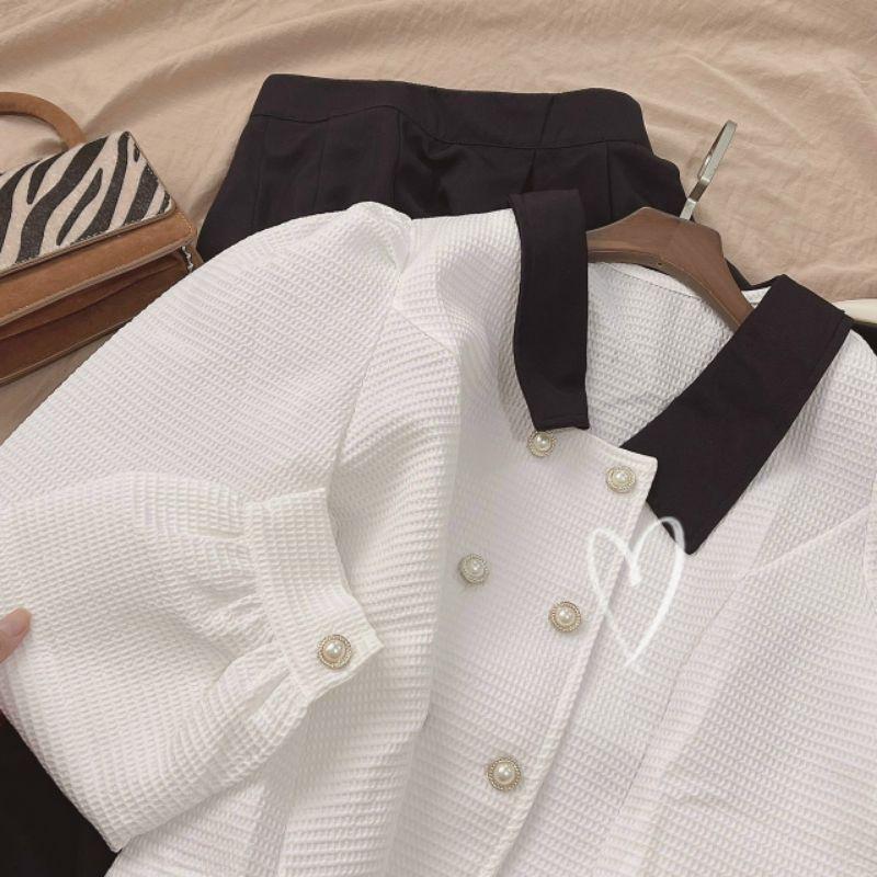 SET ÁO GẤM CỔ PHỐI chân váy MIDI