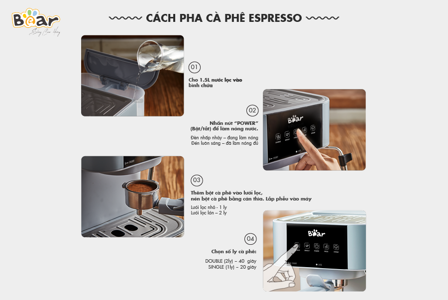 Máy Pha Cà Phê Tự Động Espresso BEAR CF-B15V1 Với Công Thức Pha Nespresso, Americano, Cappuccino Tạo Bọt Sữa Dễ Dàng Áp Suất 15 Bar Công Suất 950 W - Hàng Chính Hãng