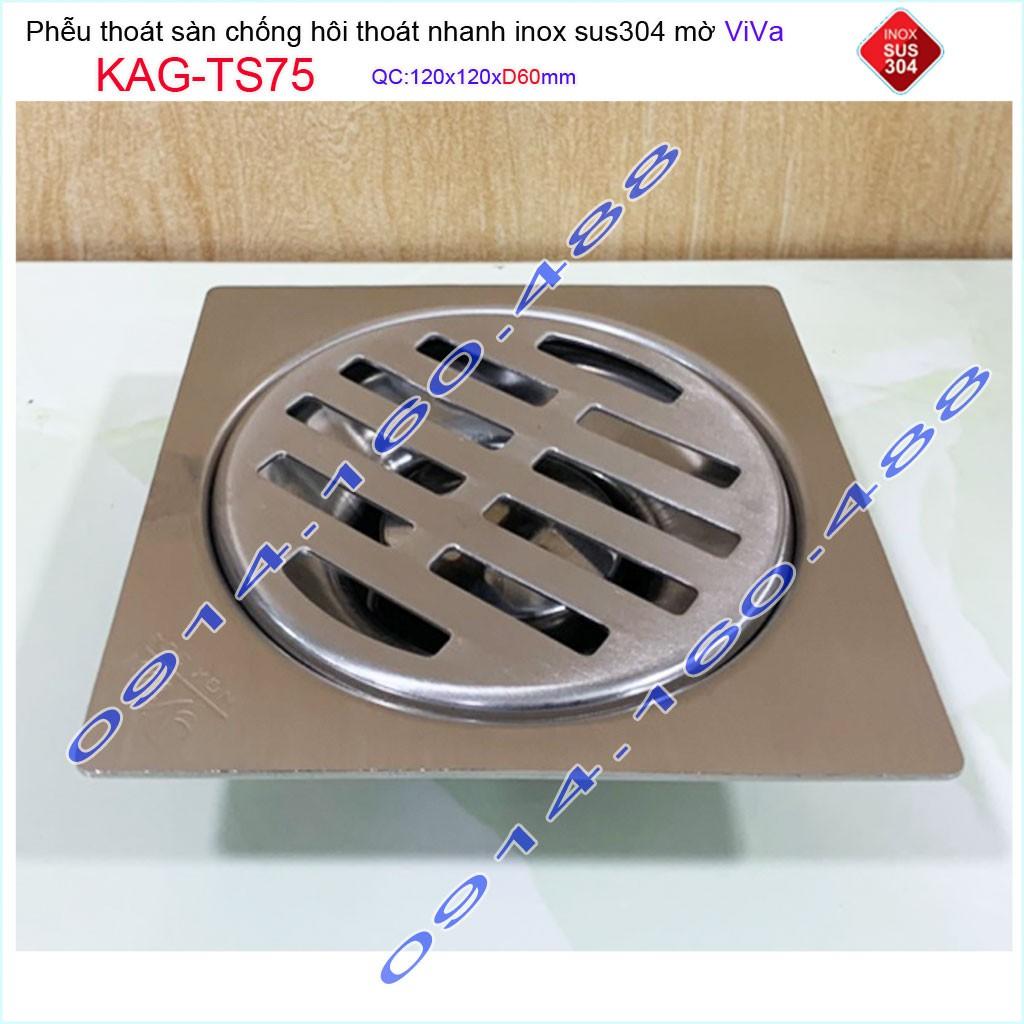 Phễu thoát sàn Viva KAG-TS75 12x12cm D60, phễu thoát sàn SUS304 đúc liền khối sales 40%, hố ga chống hôi inox 304 dày 1.