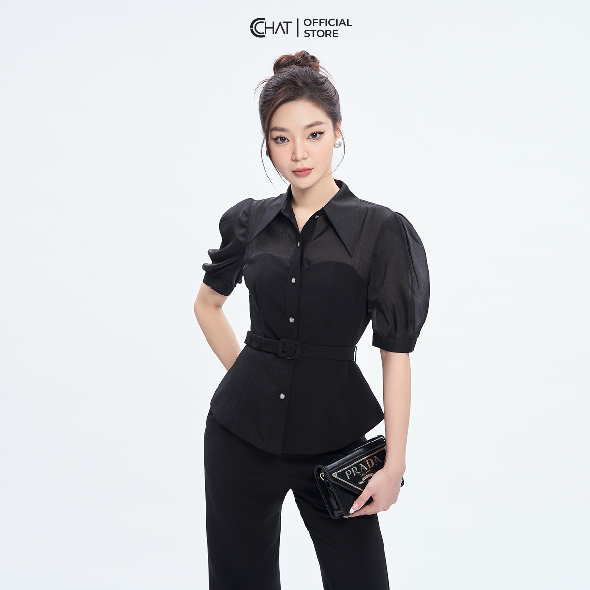 Áo Sơ Mi Nữ  Kiểu Cutout Phối Vải Chất Tuytsi Cao Cấp Mềm Nhẹ 53FNS8001PT