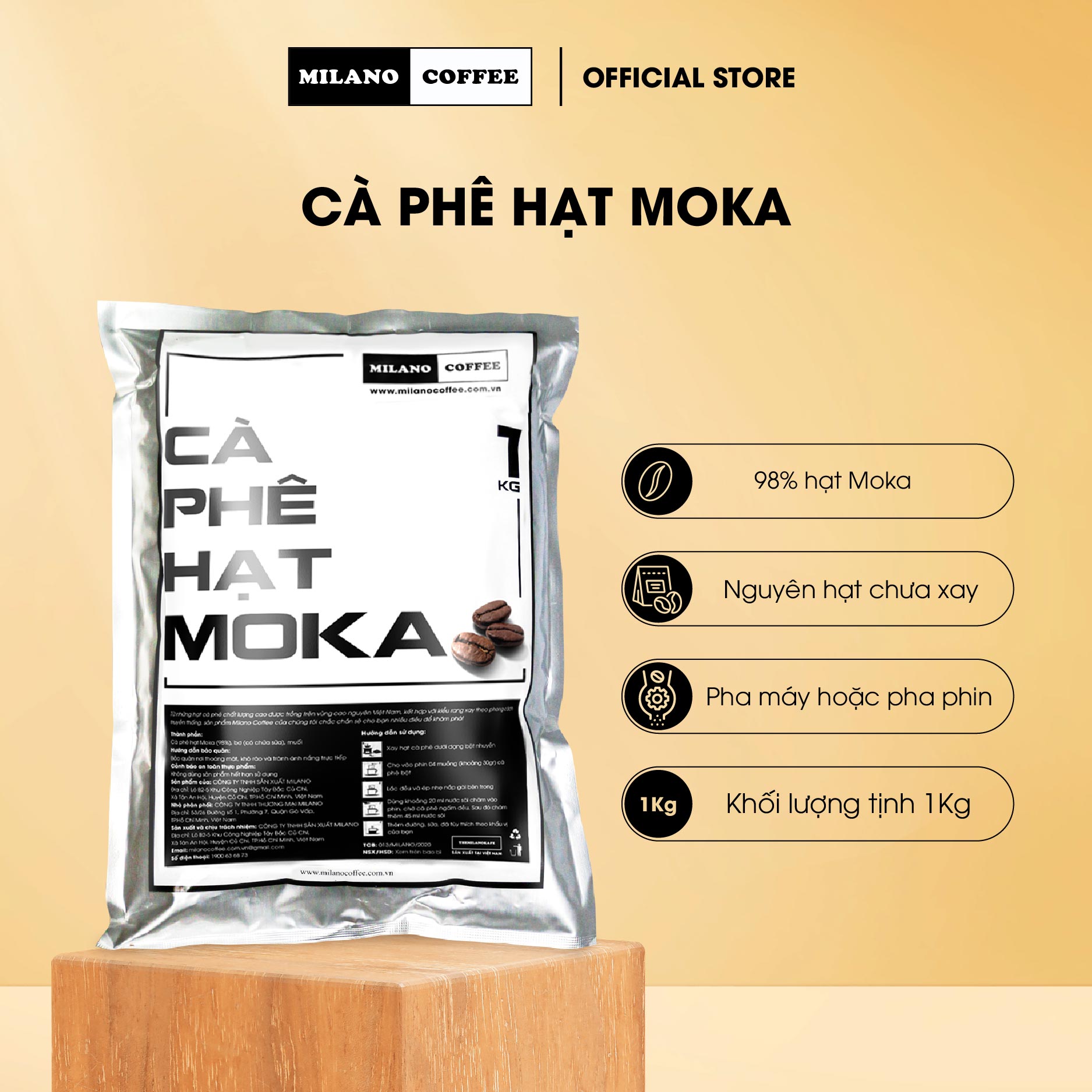 Cà phê Milano loại cà phê hạt Moka 1kg