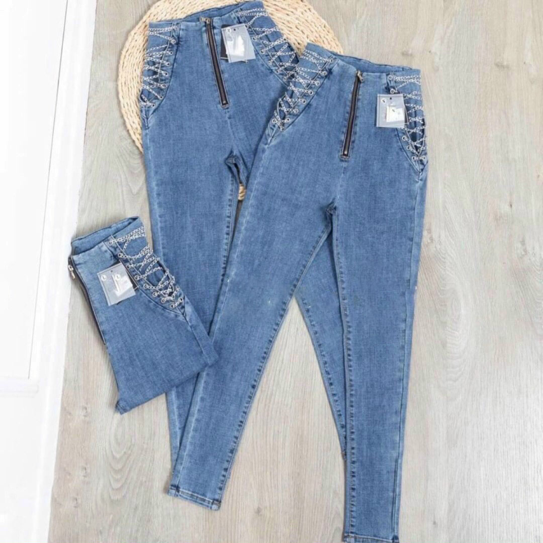Jeans dài nữ thiết kế xích dây