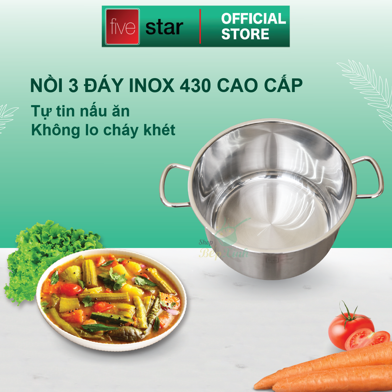 Nồi inox bếp từ Fivestar nắp kính ( 18cm/ 24cm / 26cm / 28cm ), dùng được mọi bếp , tặng 1 vá canh