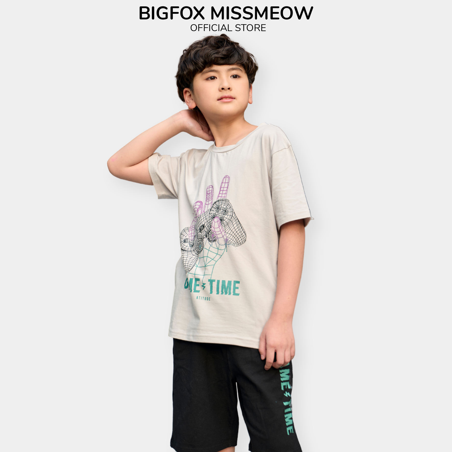Đồ bộ bé trai Bigfox Miss Meow size đại, quần áo mùa hè cho bé trai kiểu Hàn Quốc in Game Time cỡ 12-15 tuổi 40kg 50kg