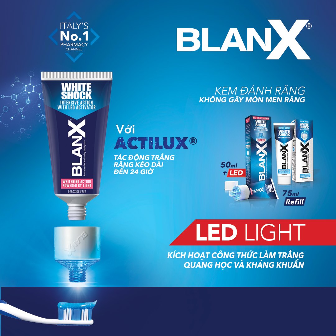 Bộ đôi Kem đánh răng BlanX Giúp Răng Trắng Sáng (+LED LIGHT) BlanX Toothpaste White Shock blue fomula 50ml