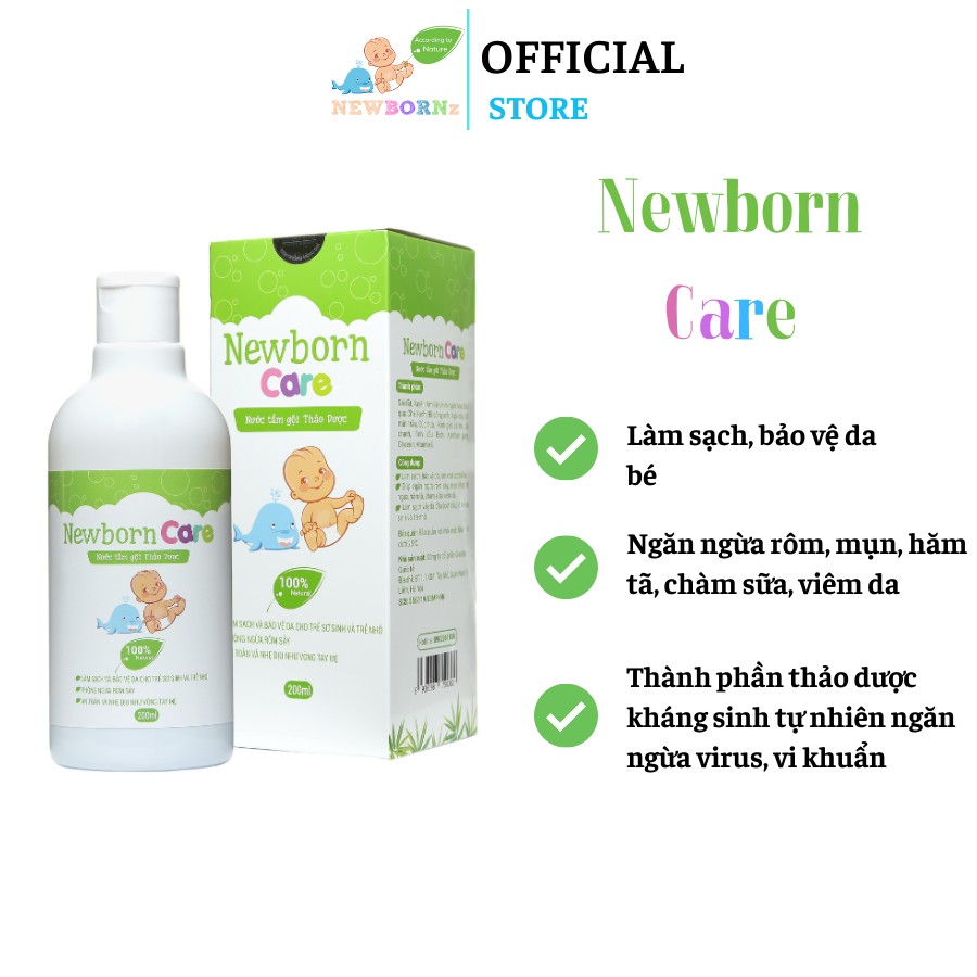 Newborn Care Nước Tắm Thảo Dược Làm sạch, bảo vệ da, Giúp ngăn ngừa rôm sảy,viêm da,hăm tã ở bé