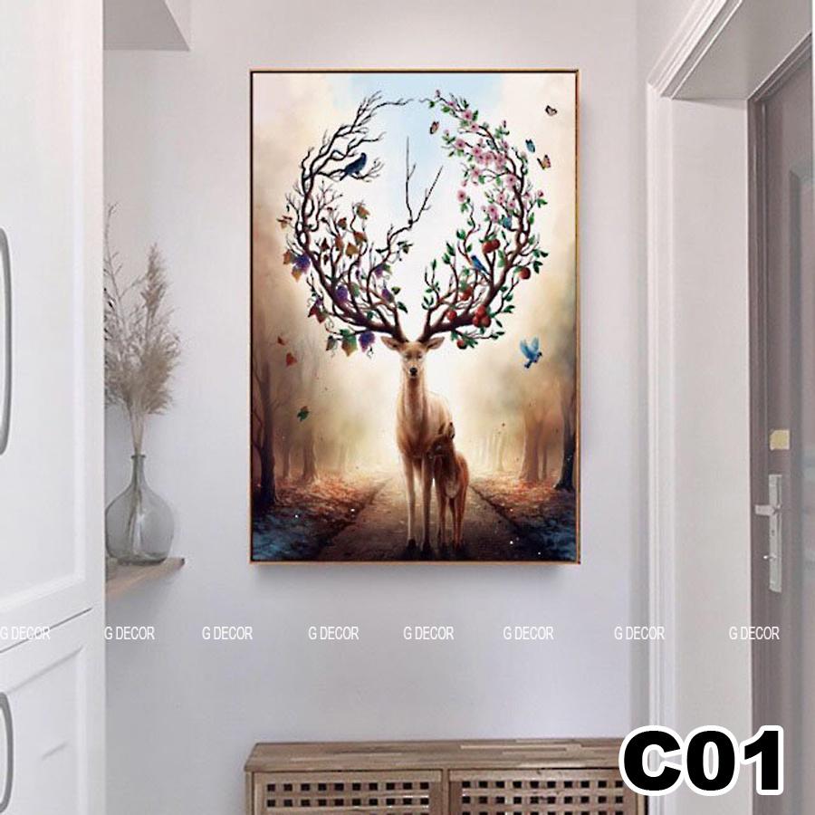 Tranh treo tường canvas 1 bức phong cách hiện đại Bắc Âu 08, tranh hươu tài lộc trang trí phòng khách, phòng ngủ, spa