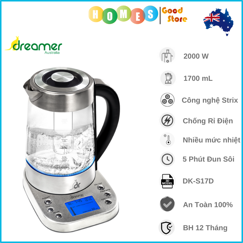 Ấm Siêu Tốc Đun Nước Thông Minh Dreamer DK-S17D - Thương Hiệu Úc Đun Sôi Giữ Mức Nhiệt 1.7L Công Suất 2000 W - Hàng Chính Hãng