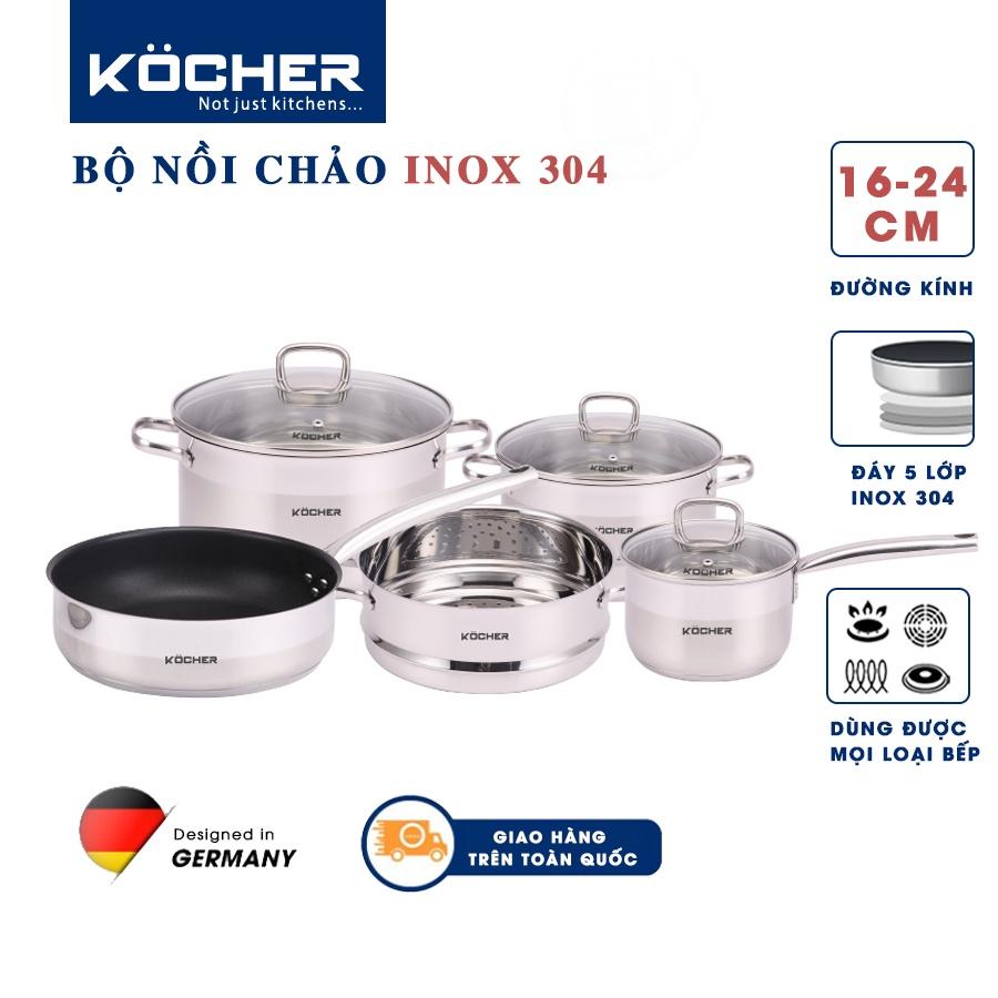 Combo bộ nồi chảo inox 304 5 đáy cao cấp KOCHER size 16cm, 20cm, 24cm dùng được cho mọi loại bếp