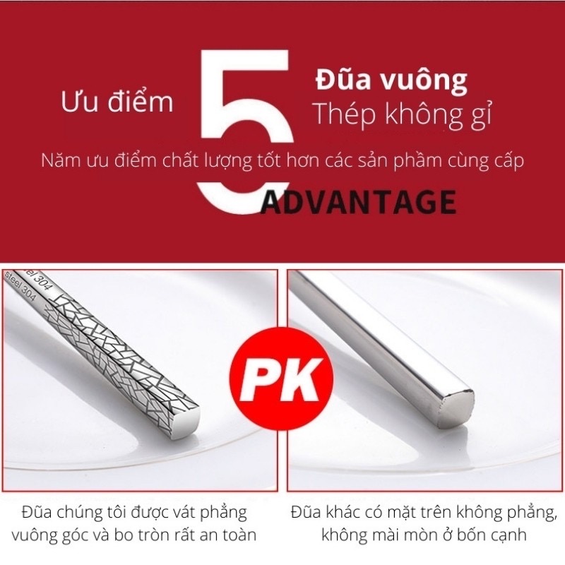 Đũa Inox 304 Kháng Khuẩn Không Trơn Trượt Hoa Văn Tinh Tế  BUGU SK-P02 - Hàng Chính Hãng