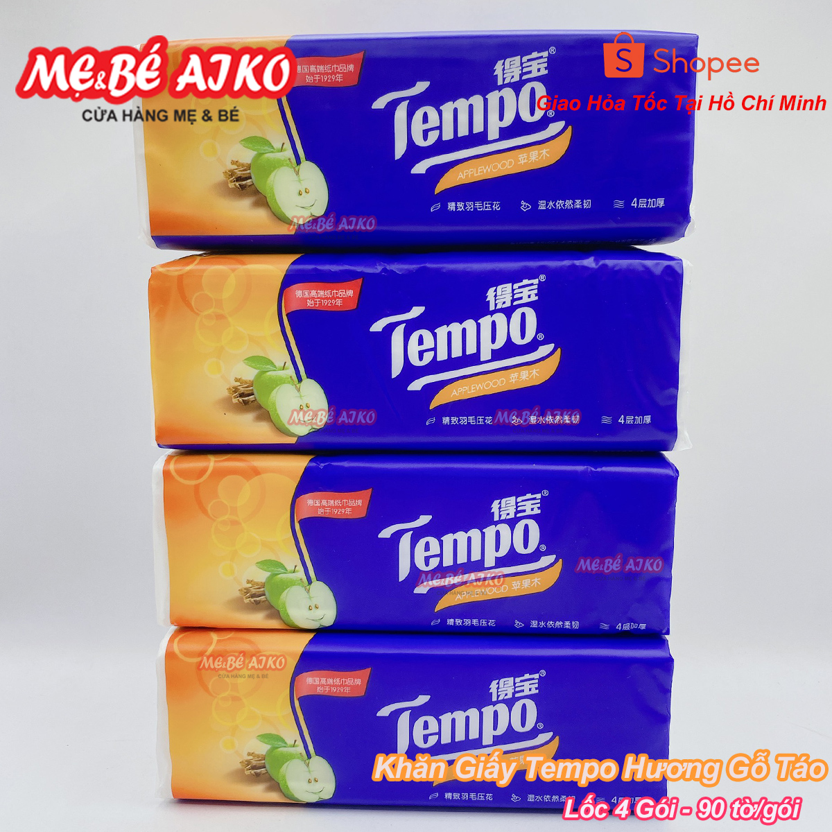 (Hương Gỗ Táo) Khăn Giấy Rút Cao cấp Tempo - 4 Lớp Bền Dai, An Toàn Cho Da (Lốc 4 Gói)