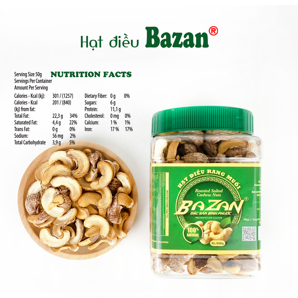 Hạt điều rang muối Bazan Bình Phước bể đôi hạt dinh dưỡng A+ loại 1 hộp 500g nắp xanh bể còn vỏ lụa