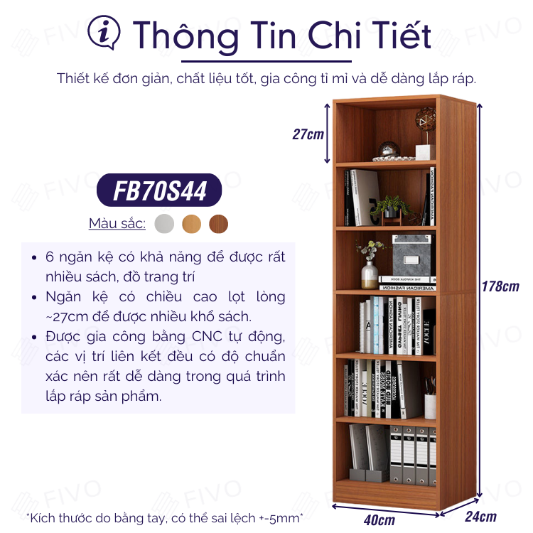 Kệ Sách Đứng Thông Minh Hiện Đại Tự Lắp Ráp FIVO Mẫu FB70 Chất Liệu Gỗ MDF Cao Cấp (40x24x178cm)