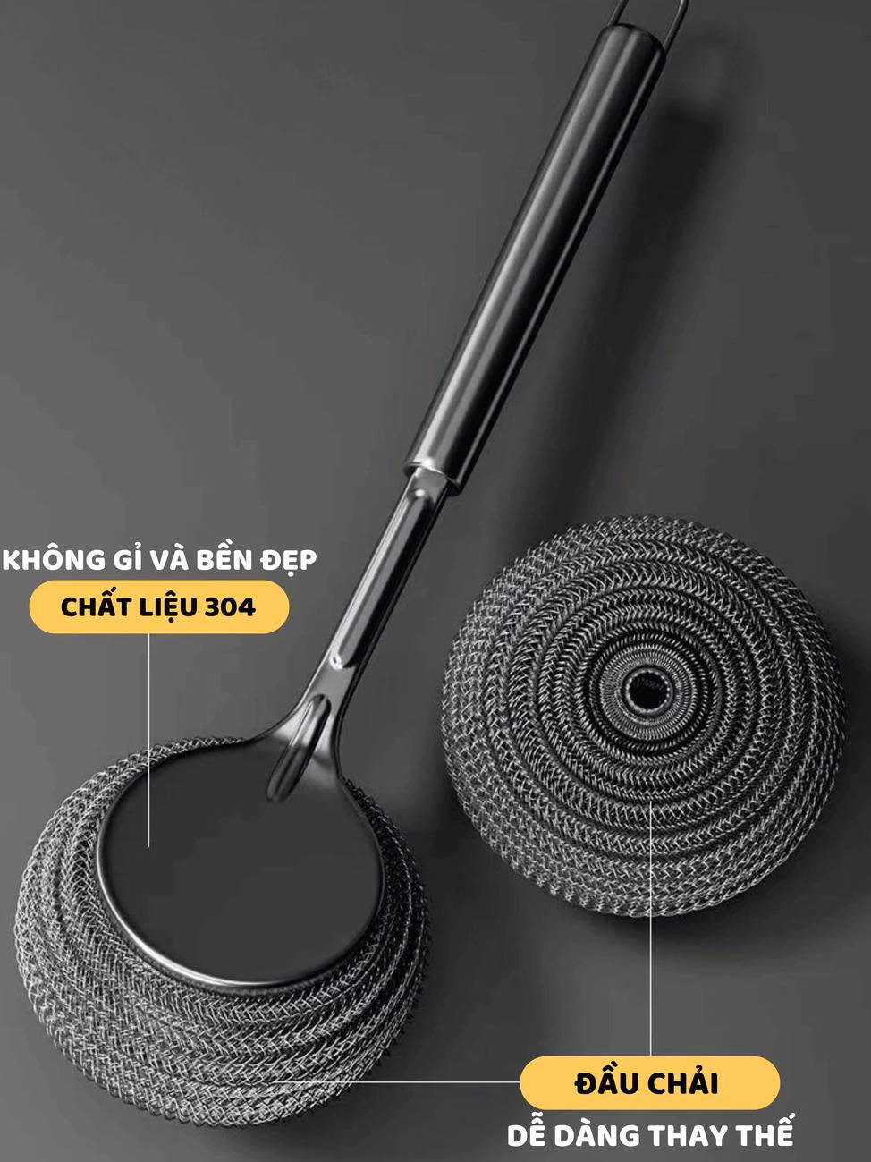 Cọ Rửa Nồi Cán Dài Inox Không Gỉ Đầu Búi Thép Tháo Rời Thay Thế Được Chà Sạch Vết Bẩn Cứng Đầu - HÀNG CHÍNH HÃNG MINIIN