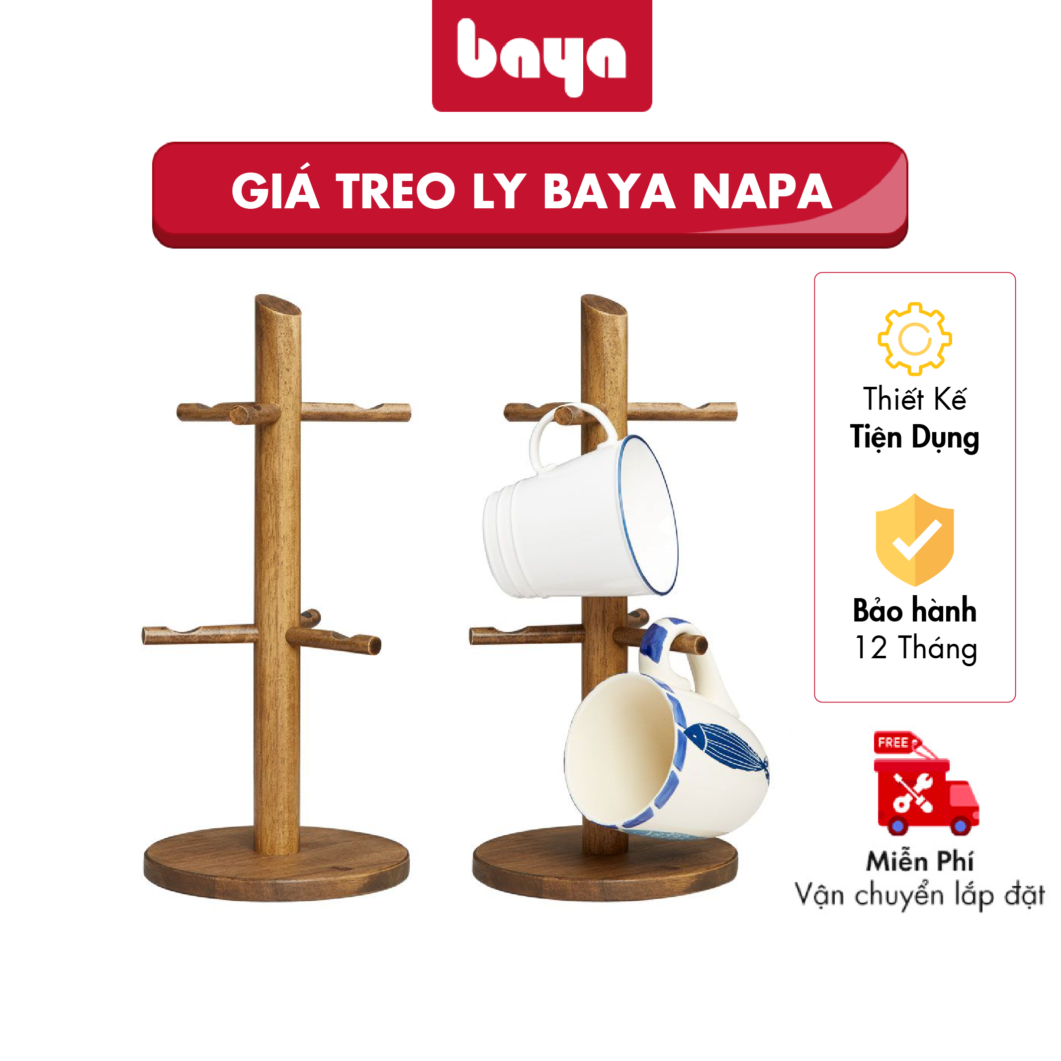 Giá Treo Ly Cốc Đa Năng 6 Nhánh BAYA Napa Chất Liệu Gỗ Cao Su Bền Chắc, Màu Nâu Vân Gỗ Cổ Điển, Kích Thước 17x17x37cm Nhỏ Gọn Vững Chãi Treo 6 Chiếc Ly Tách Gọn Gàng - 1100365