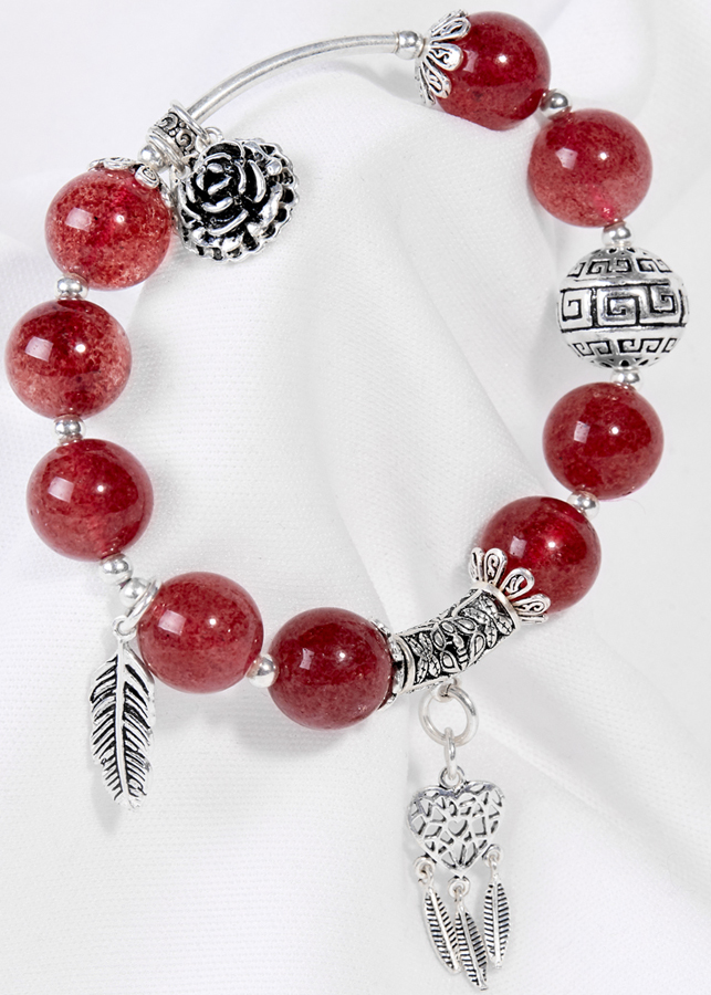 Vòng Tay Thạch Anh Dâu Phối Charm Hoa Bạc Ngọc Quý Gemstones