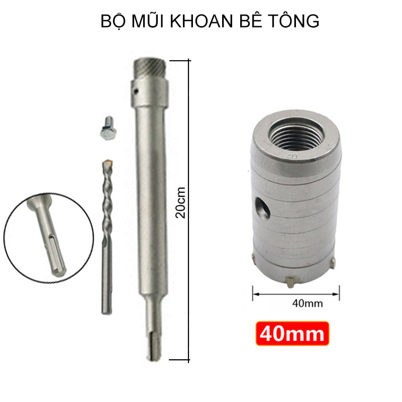 Mũi khoan khoét lỗ tường bê tông, tường gạch, cán dài 20cm