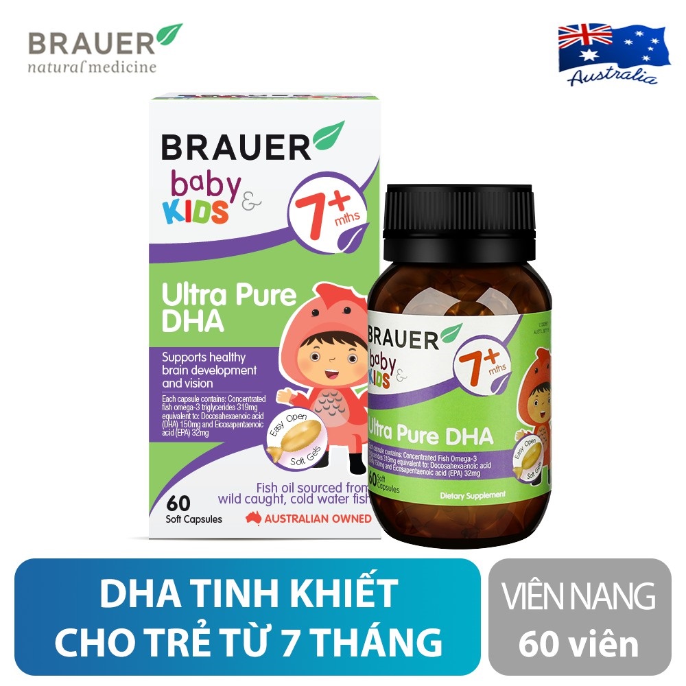 Viên mềm bổ sung DHA tinh khiết Brauer Baby & Kids Ultra Pure DHA cho trẻ từ 7 tháng tuổi (60 viên)