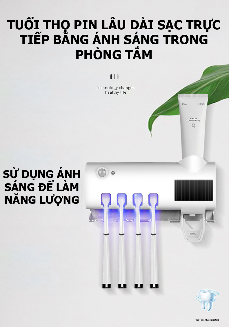 Giá treo bàn chải khử trùng bằng tia cực tím kèm bộ nhả kem đánh răng tiện lợi HD00024