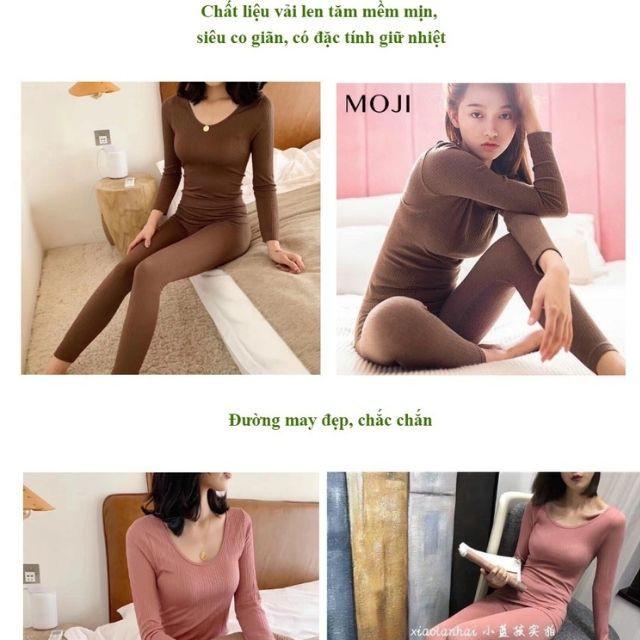 Bộ Quần Áo giữ nhiệt nữ Len Tăm Bộ Ngủ mặc ở Nhà thu đông Siêu Ấm Áp Co Giãn 4 Chiều PINK STORE alida2010