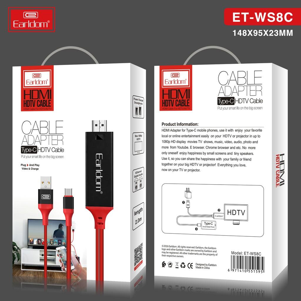 Dây Cáp HDMI Earldom WS8C Type C USB 2m Loại Dẹt tivi, chơi game, máy chiếu, chuẩn full HD Hàng Chính Hãng