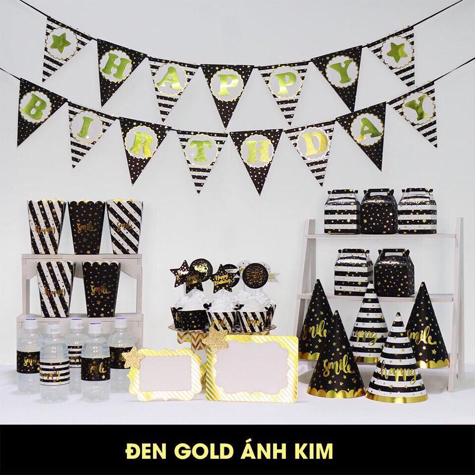 Set trang trí sinh nhật đen gold ánh kim